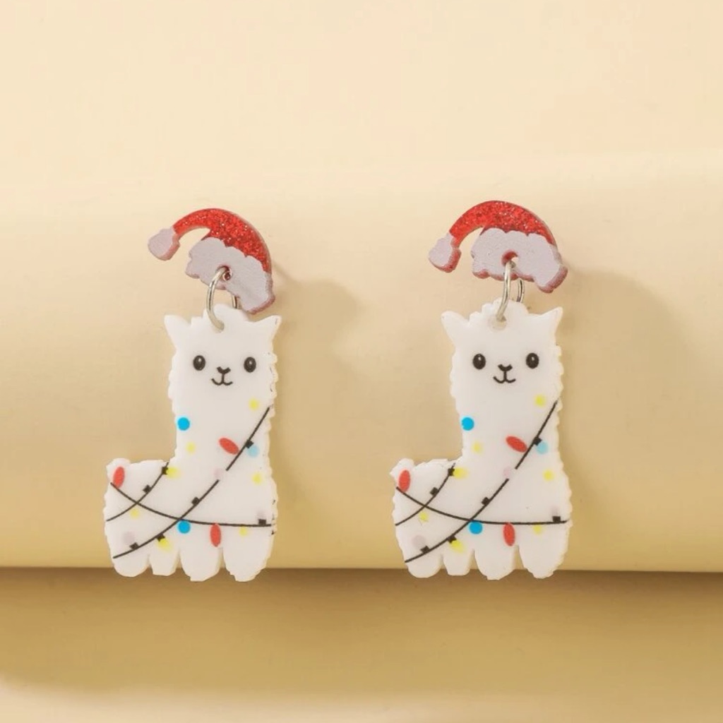 Awesome Cartoon Llama Christmas Light Santa Hat Drop Earring